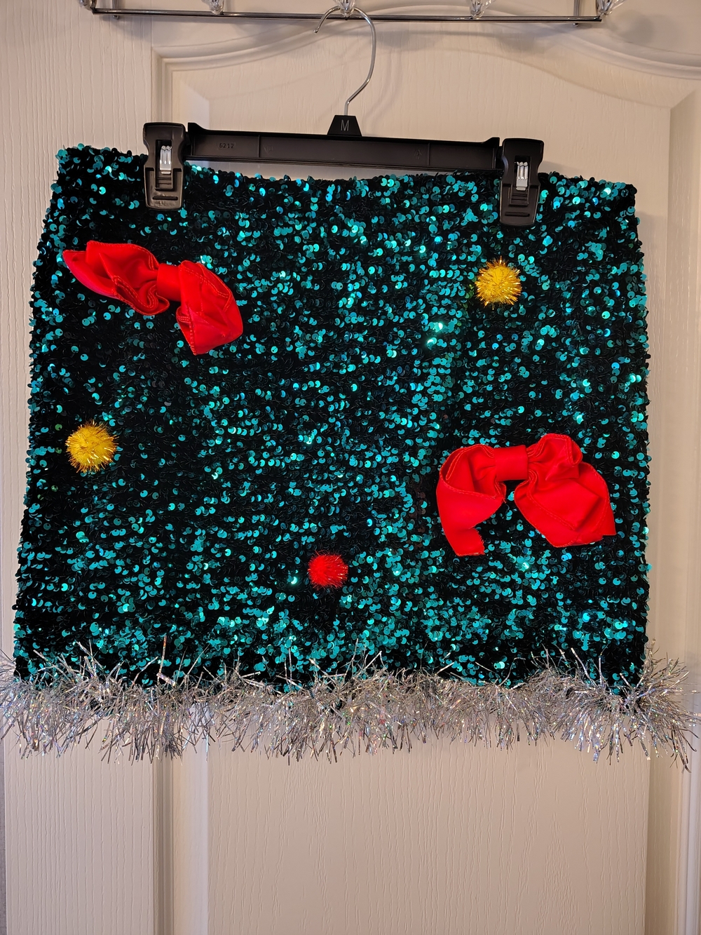 love on a hanger Teal Sequin Mini Skirt with Red Bows and Silver Tinsel